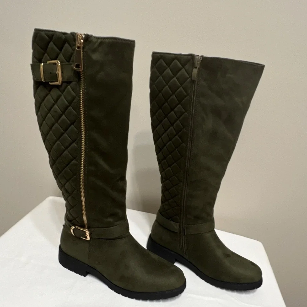 Rachel Quilted Microfiber Knee High Riding Boots Olive Zipper Buckle Women's 7M